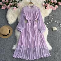 Polyester Soft One-piece Dress large hem design & mid-long style Solid : PC