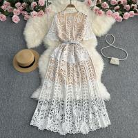 Polyester Waist-controlled & High Waist One-piece Dress mid-long style & slimming & hollow floral : PC