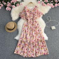 Polyester Waist-controlled & High Waist One-piece Dress mid-long style & slimming printed : PC