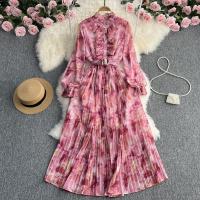 Polyester Waist-controlled & Pleated & High Waist One-piece Dress mid-long style & slimming printed floral : PC