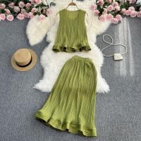 Polyester scallop & Soft & High Waist Two-Piece Dress Set loose Solid : PC