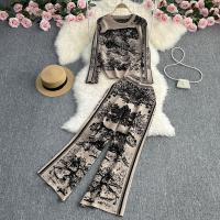 Polyester Wide Leg Trousers & High Waist Women Casual Set two piece & loose Long Trousers & long sleeve blouses jacquard animal prints : Set