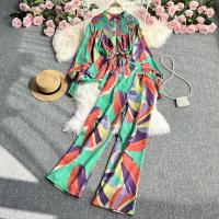 Polyester Waist-controlled & Wide Leg Trousers & High Waist Women Casual Set two piece & loose Long Trousers & long sleeve blouses printed : Set
