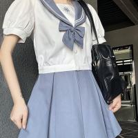 Polyester Slim Women Sailor Suit with bowknot & two piece blue Set