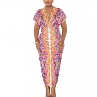 Polyester front slit One-piece Dress deep V printed PC