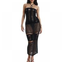 Polyester Sexy Package Hip Dresses & hollow & tube jacquard Solid black PC