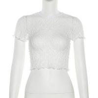 Polyester Slim Women Short Sleeve T-Shirts midriff-baring patchwork white PC