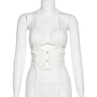 Cotton Camisole midriff-baring & backless & hollow plain dyed Solid white : PC