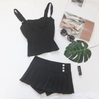 Polyester and Cotton Two-Piece Dress Set midriff-baring  plain dyed Solid black PC