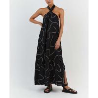 Cotton Linen One-piece Dress backless printed black PC