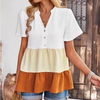 Polyester Women Short Sleeve Blouses contrast color & loose patchwork PC