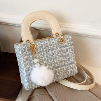 Plaid Fabric & PU Leather Easy Matching Handbag with fur ball & attached with hanging strap PC