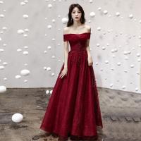 Polyester Waist-controlled & Off Shoulder Long Evening Dress & off shoulder Solid red PC