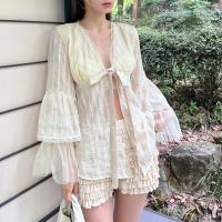 Polyester Women Sun Protection Clothing & loose embroidered Solid Apricot PC