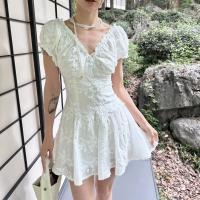 Polyester Waist-controlled One-piece Dress deep V embroidered Solid white PC
