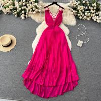Polyester Waist-controlled Slip Dress deep V & backless Solid fuchsia PC