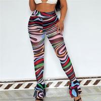 Spandex & Polyester Slim & High Waist Women Long Trousers printed striped multi-colored PC