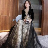 Polyester floor-length Long Evening Dress see through look & breathable embroider black PC