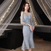 Sequin & Polyester Mermaid Short Evening Dress see through look embroider blue PC