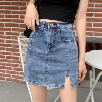 Denim Skirt with lining & side slit & breathable Solid blue PC