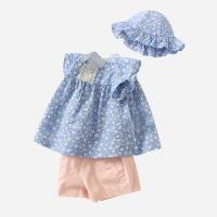 Cotton Girl Clothes Set & two piece & loose Hat & Pants & top printed shivering blue Set
