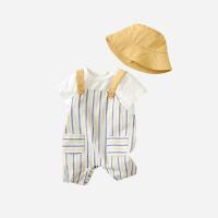 Cotton Boy Clothing Set Cute & two piece Hat & suspender pant & top printed striped white Set