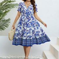 Polyester Waist-controlled & Plus Size One-piece Dress printed floral blue PC