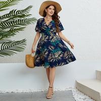 Polyester Waist-controlled & Plus Size One-piece Dress printed leaf pattern blue PC