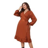 Polyester Waist-controlled & Plus Size One-piece Dress brown PC