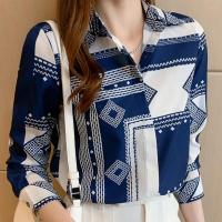 Polyester Plus Size Women Long Sleeve Blouses & loose printed blue PC