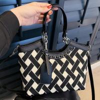 PU Leather Easy Matching Handbag attached with hanging strap Argyle white and black PC