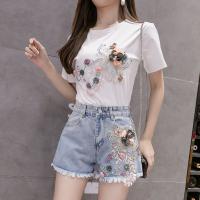 Polyester Women Casual Set & loose short & short sleeve T-shirts floral PC