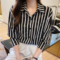 Polyester Women Long Sleeve Blouses & loose printed striped PC