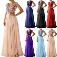 Polyester Waist-controlled Long Evening Dress deep V & breathable patchwork PC