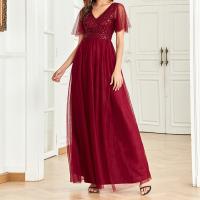 Gauze & Polyester Long Evening Dress Sequin patchwork wine red PC