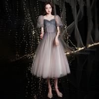 Polyester Waist-controlled & floor-length Long Evening Dress & breathable Solid gray PC