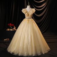 Polyester Waist-controlled Long Evening Dress large hem design & deep V Solid champagne PC