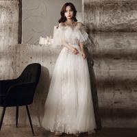Polyester Off Shoulder & floor-length Long Evening Dress see through look Solid white PC