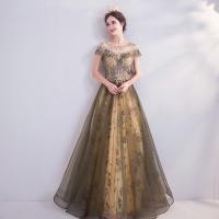 Polyester Waist-controlled Long Evening Dress see through look & large hem design embroider floral gold PC