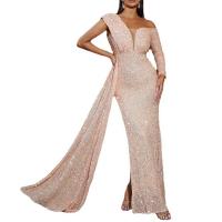 Polyester Asymmetrical & High Waist Long Evening Dress Sequin patchwork pink PC