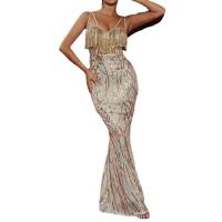 Polyester Off Shoulder & High Waist Long Evening Dress Sequin patchwork Apricot PC