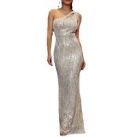 Polyester High Waist Long Evening Dress & One Shoulder Sequin patchwork Apricot PC