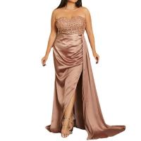 Polyester Off Shoulder & Plus Size & High Waist Long Evening Dress side slit Sequin patchwork brown PC