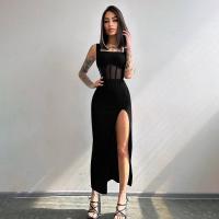 Polyester Slim & High Waist Sexy Package Hip Dresses side slit patchwork Solid PC
