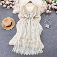 Lace & Polyester Waist-controlled One-piece Dress deep V Solid Apricot PC