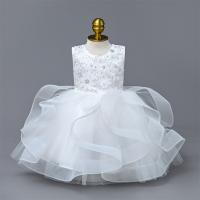 Gasa & Poliéster & Algodón Vestido de una sola pieza de la muchacha, labor de retazos, floral, blanco,  trozo