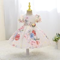 Polyester & Cotton Princess Girl One-piece Dress Cute & large hem design printed floral mixed colors PC