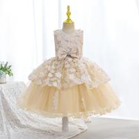 Gauze & Polyester & Cotton Princess Girl One-piece Dress Cute & large hem design embroidered floral champagne PC
