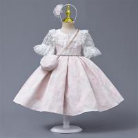 Polyester & Cotton Princess Girl One-piece Dress Cute & large hem design hair ring & Bag & skirt embroidered floral PC