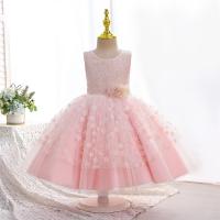 Polyester & Cotton Princess Girl One-piece Dress Cute & large hem design embroidered floral pink PC